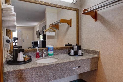 W łazience znajduje się umywalka i lustro. w obiekcie Deluxe Inn - Fayetteville I-95 w mieście Fayetteville