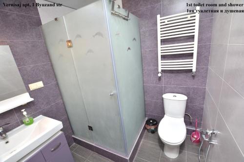 a bathroom with a shower and a toilet and a sink at Vernisaj apt at Republic Square & Ruben tours in Yerevan