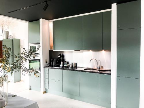 a kitchen with green cabinets and a sink at The Oak in Wavre