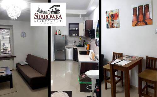 two pictures of a kitchen and a living room at STARÓWKA Apartament Stare Tychy in Tychy