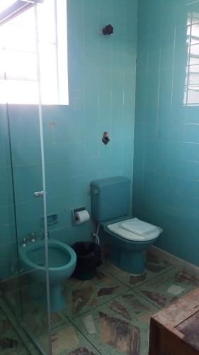 a blue bathroom with a toilet and a shower at POUSADA CHARLOTTE in Tiradentes