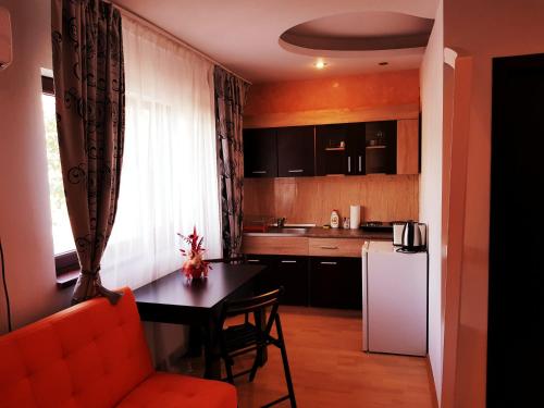 a small kitchen with a table and a refrigerator at Pensiunea Red Rose Apartments in Timişoara