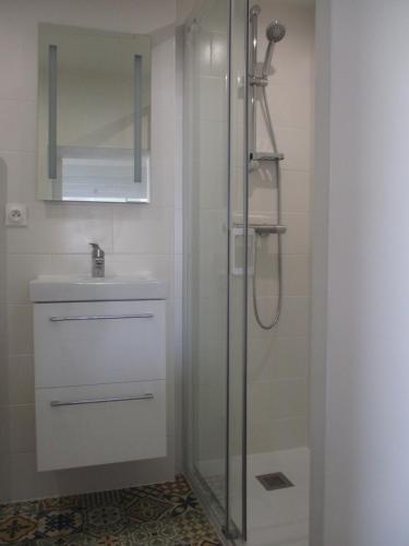 La salle de bains est pourvue d'une douche et d'un lavabo. dans l'établissement Petite maison à deux pas du centre et des plages, à Quiberon