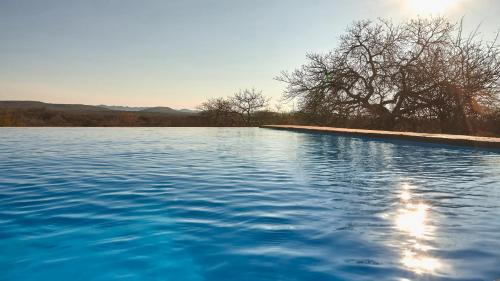 a pool of blue water with trees in the background at ZuriCamp - Tent Amani in Tsumeb