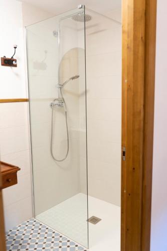 a shower with a glass door in a bathroom at Casa Rural Bonal in La Mata de los Olmos