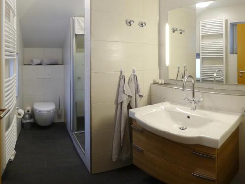 uma casa de banho com um lavatório, um chuveiro e um WC. em Gästehaus Café Heck Titisee em Titisee-Neustadt