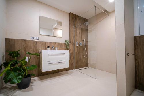 y baño con ducha, lavabo y espejo. en Grunt Apartments, en Mladá Boleslav