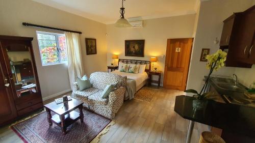 1 dormitorio con 1 cama, 1 silla y 1 mesa en The Lazy Lizard en Durban