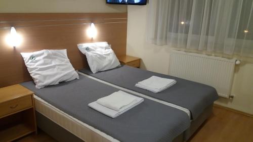łóżko z dwoma białymi poduszkami na górze w obiekcie Leśny Dwór w mieście Mielno