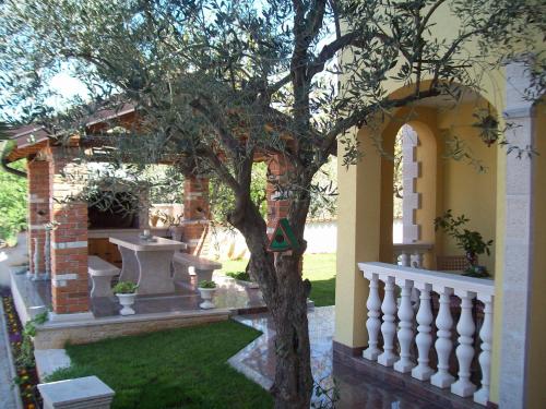 a tree in a yard with a white fence at Apartments Barbara in Poreč
