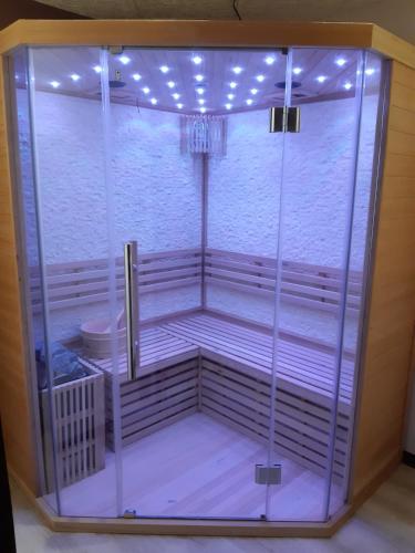 a shower with a glass enclosure in a room at Chalet Les Chardons in Gérardmer
