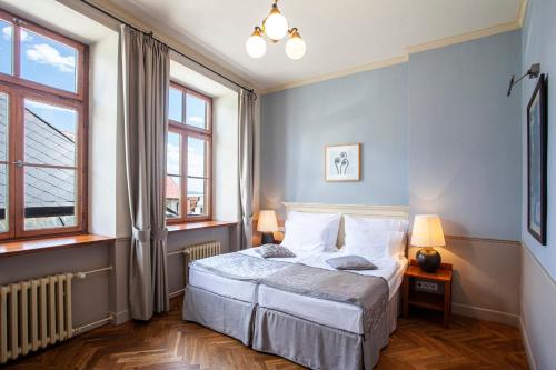 a bedroom with a bed and two windows at Boutique Hotel Nautilus in Tábor