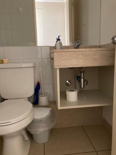 ein Badezimmer mit einem weißen WC und einem Waschbecken in der Unterkunft Departamento Laguna Bahia in Algarrobo