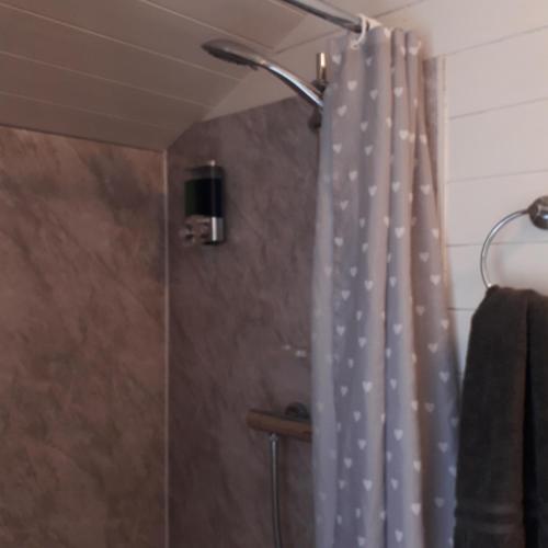 a bathroom with a shower with a shower curtain at Castle Lodge in Sheriff Hutton
