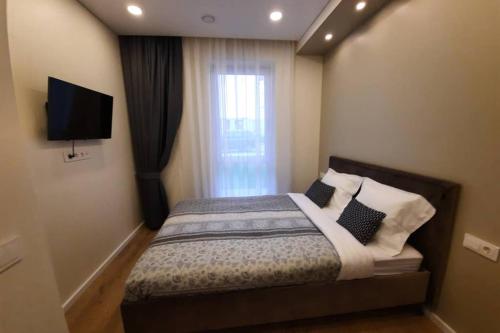 sypialnia z łóżkiem, telewizorem i oknem w obiekcie Apartamentai Giluzes Rivjera w Wilnie