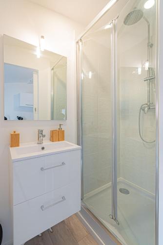 une salle de bain avec un lavabo et une douche dans l'établissement Vence... sous les toits, à Vence