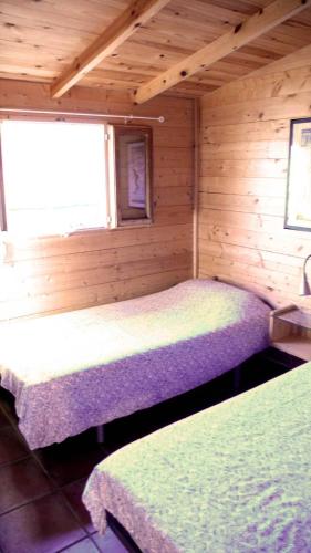 a bedroom with two beds in a wooden cabin at Camping Aín Jaca in Jaca