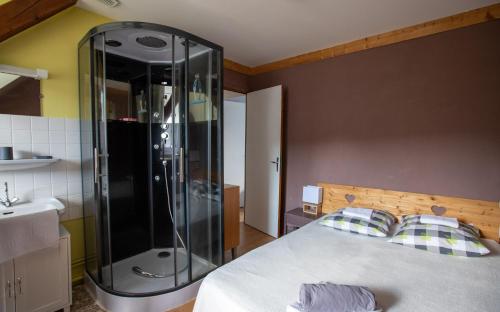 a bathroom with a shower and a bed and a sink at La Belle Arverne in Albepierre-Bredons