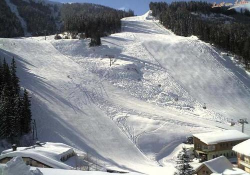 a snow covered ski slope with trees and buildings at Appartement Hardenack in Innerkrems