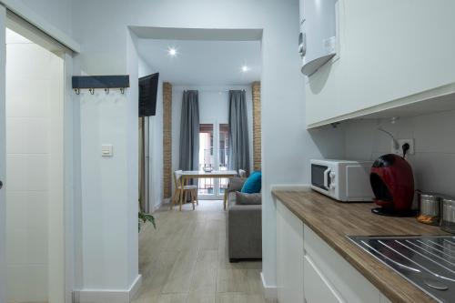 a kitchen with a counter top and a microwave at ROSE Apartamentos in Granada