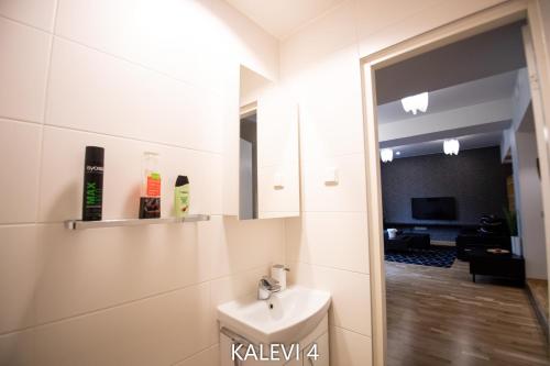 a bathroom with a sink and a mirror at City Center Turu str apartments, parking, Tartu Home in Tartu