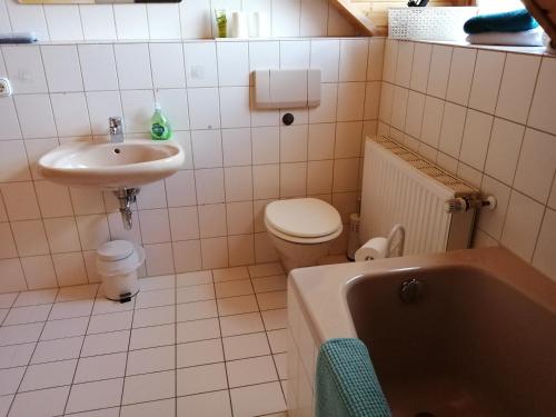 a bathroom with a sink and a tub and a toilet at FeWoDeg in Deggendorf