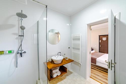ein Bad mit einer Dusche, einem Waschbecken und einem Spiegel in der Unterkunft Yael Luxury Apartments 2 in Buşteni