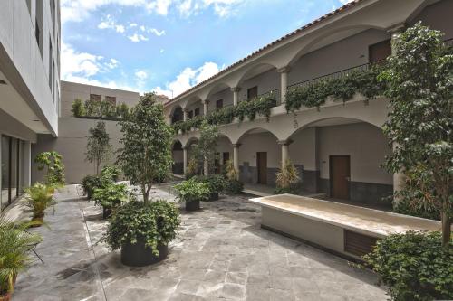 a courtyard with plants and a bench in a building at Gamma Orizaba Grand Hotel de France in Orizaba