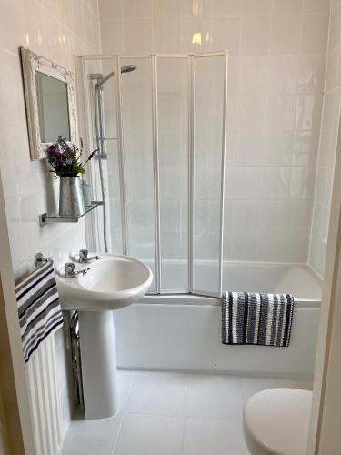a bathroom with a shower and a sink and a toilet at Beautiful 2 bedroom flat in Camden in London