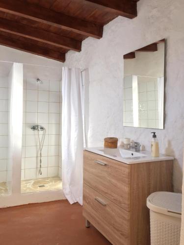 a bathroom with a shower and a sink and a vanity at Dragos del Mar , Espacio Natural in La Orotava