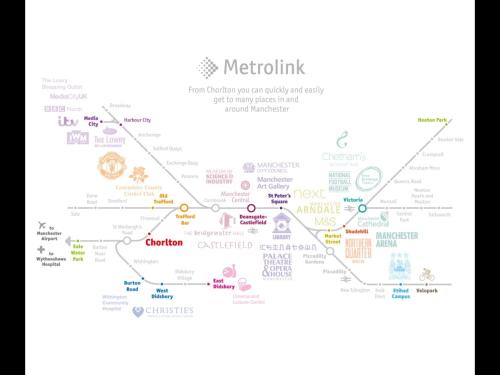 a map of the metrolink subway line at Chorlton Garden Rooms. Relax, work, stay and play. in Manchester