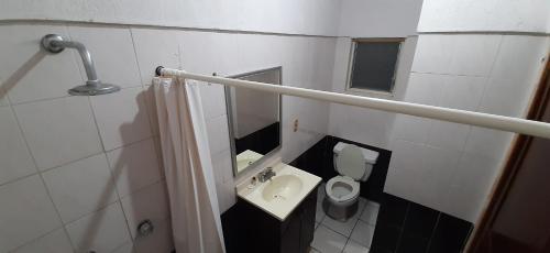 a small bathroom with a toilet and a sink at Hotel San Miguel in Autlán de Navarro