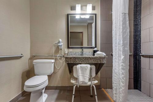 a bathroom with a toilet and a sink with a mirror at Comfort Inn & Suites Butler in Butler