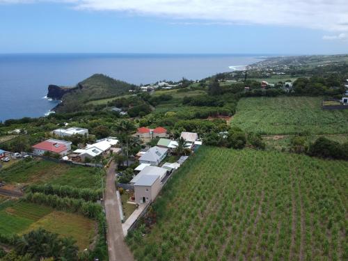 una vista aérea de una casa en una colina junto al océano en La case à coco, en Petite Île