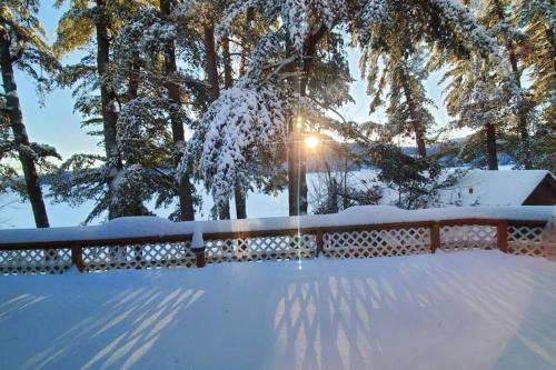 a fence covered in snow in front of trees at Brown's Beach at Schroon Lake in Schroon Lake
