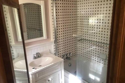 a bathroom with a sink and a shower at Brown's Beach at Schroon Lake in Schroon Lake