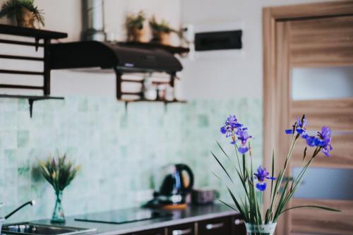 a kitchen with a counter with purple flowers in a vase at Guest House Baltās Dūjas in Saulkrasti