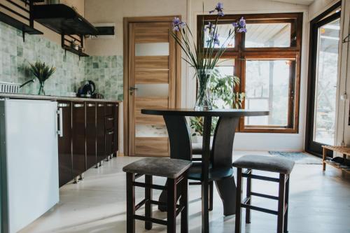 a kitchen with a table with a vase on it at Guest House Baltās Dūjas in Saulkrasti