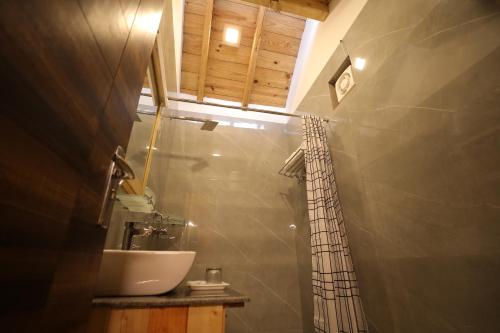 a bathroom with a sink and a shower at Rooftop Cottages & Restaurant, Pangot in Nainital