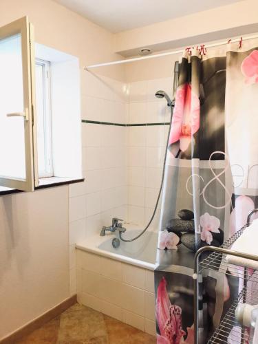 une salle de bain avec une baignoire et un lavabo dans l'établissement La Ferme de la Maugerie, à Thoury