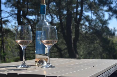 deux verres à vin assis sur une table à côté d'une bouteille dans l'établissement La villa dans les pins, à Quend
