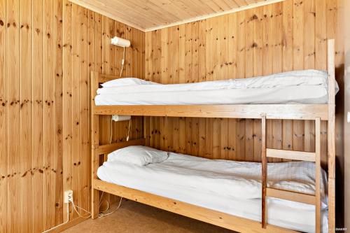 2 Etagenbetten in einem Holzzimmer mit einer Leiter in der Unterkunft First Camp Ekudden-Mariestad in Mariestad