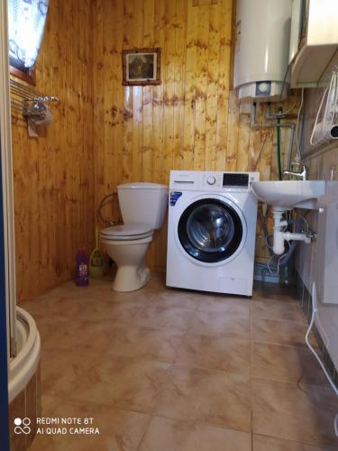 a bathroom with a washing machine and a toilet at Chata Dvorečná in Loučovice