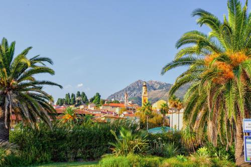 a city with palm trees and a mountain in the background at Résidence Pierre & Vacances Les Citronniers in Menton