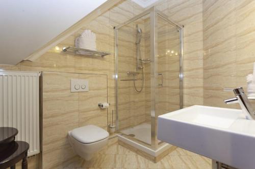 a bathroom with a shower and a toilet and a sink at Winter & Summer Resort in Ždiar