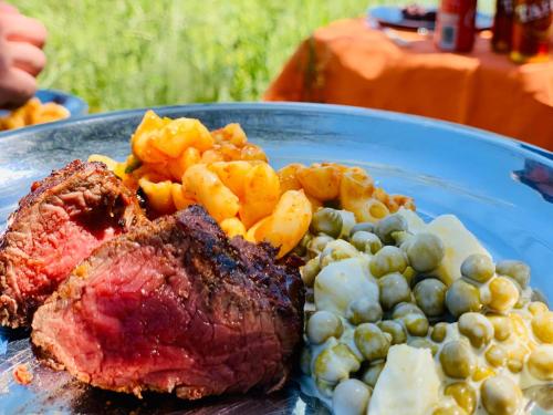 a plate of food with meat and vegetables on it at Africa Awaits Lodge & Safaris in Gobabis