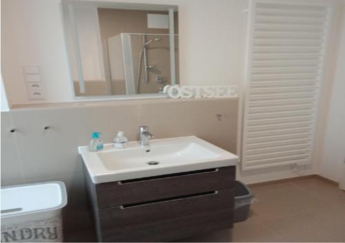 een badkamer met een wastafel en een spiegel bij Ferienwohnung Riverfront in Kappeln