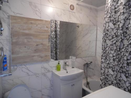 ein Badezimmer mit einem Waschbecken, einem WC und einem Spiegel in der Unterkunft Apartment WAVE,в центре! in Chmelnyzkyj