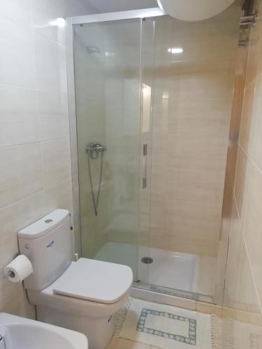 a bathroom with a toilet and a glass shower at PISO COLLAZO in Isla de Arosa