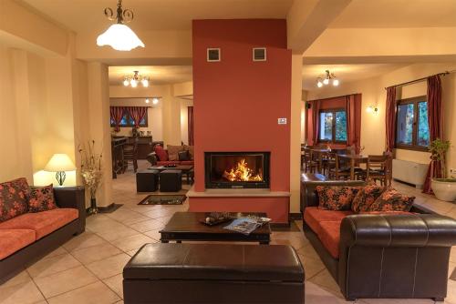 a living room with couches and a fireplace at Hotel Oreades in Elati Trikalon